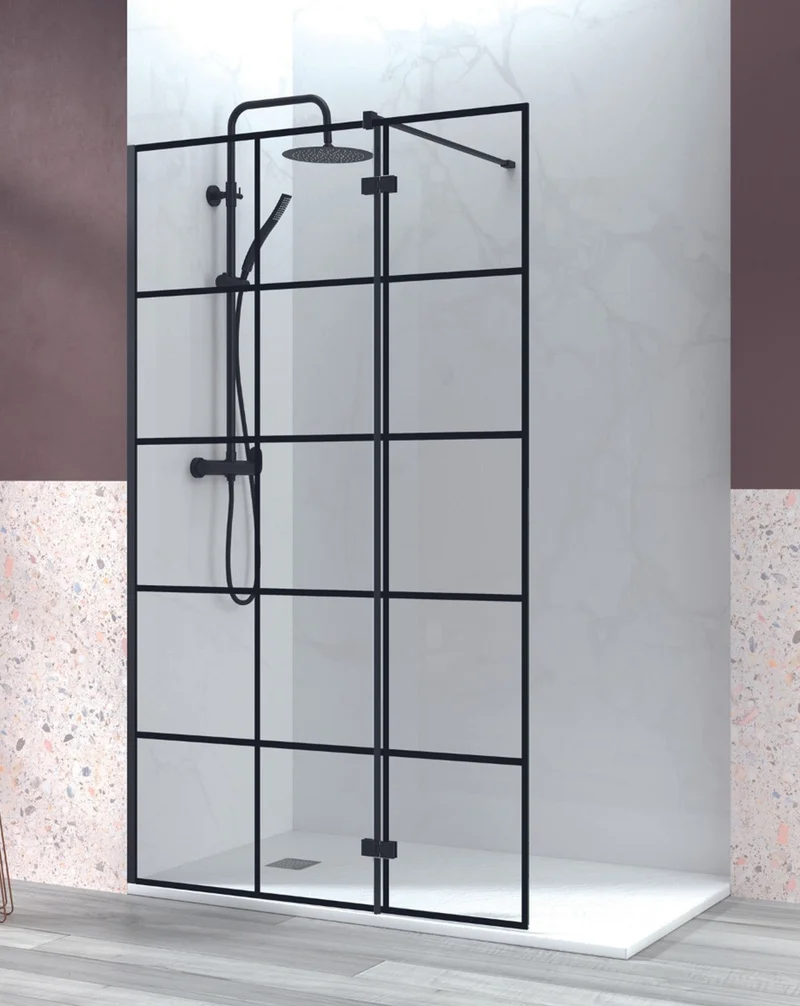 Manacor Mampara de Ducha Fijo de Ducha + 1 Puerta Abatible | Cristal Templado 6mm Antical | 195cm Altura | Negro Mate