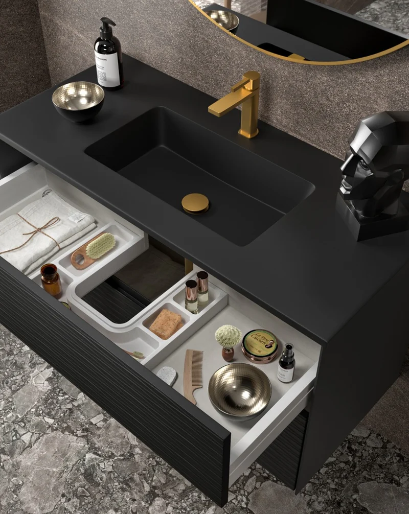 Sahara Mueble de Baño Suspendido con Lavabo | 2 cajones Cierre Amortiguado y Organizador | Lavabo Mara