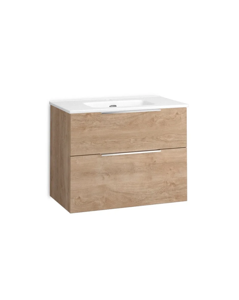 Galsaky Mueble de Baño Suspendido con Espejo y Lavabo Cerámico | 2 cajones con Cierre Amortiguado y Organizador | Roble Natural