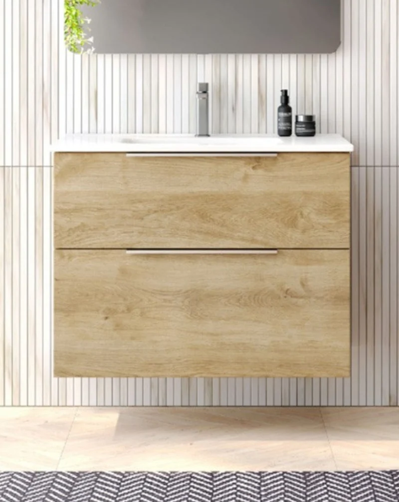 Galsaky Mueble de Baño Suspendido con Espejo y Lavabo Cerámico | 2 cajones con Cierre Amortiguado y Organizador | Roble Natural