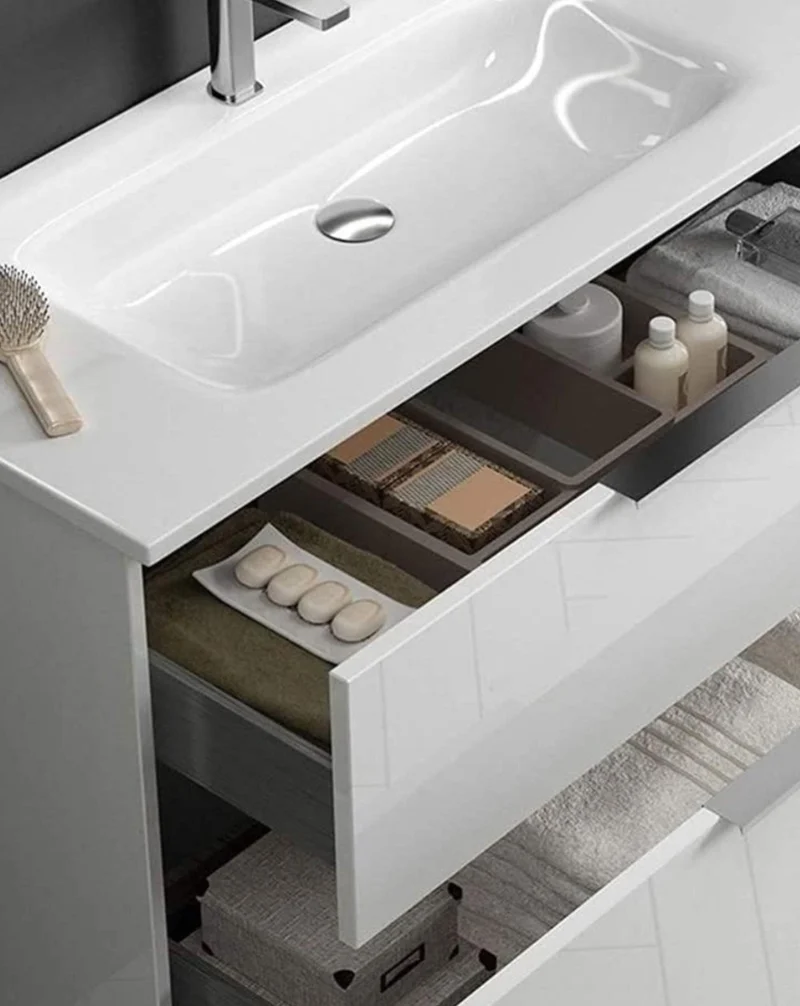 Galsaky Mueble de Baño Suspendido con Espejo y Lavabo Cerámico | 2 cajones con Cierre Amortiguado y Organizador | Blanco Brillo