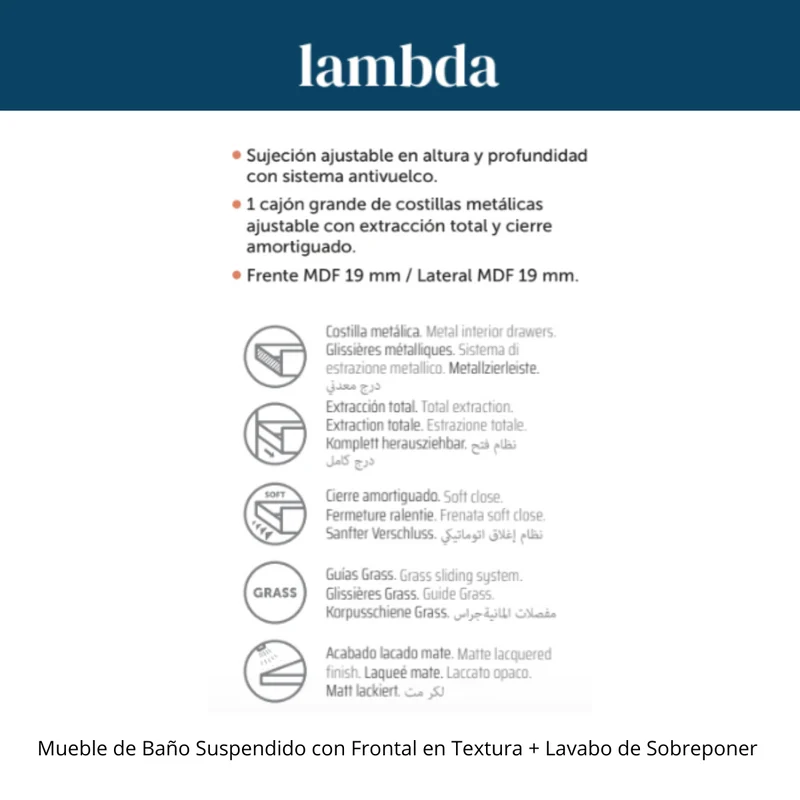 Lambda Mueble de Baño Suspendido con Lavabo Sobreponer Masai | Mueble Baño Volado de 1 Cajón con Cierre Amortiguado