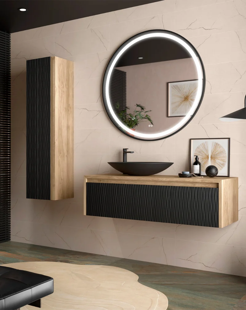 Lambda Columna de Baño Suspendida 1 Puerta con Textura | Armario Alto Baño Colgante 140x34,9x33,9cm | Negro Azabache