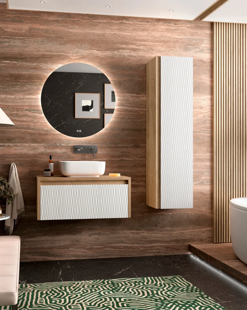 Lambda Columna de Baño Suspendida 1 Puerta con Textura | Armario Alto Baño Colgante 140x34,9x33,9cm | Blanco Mate