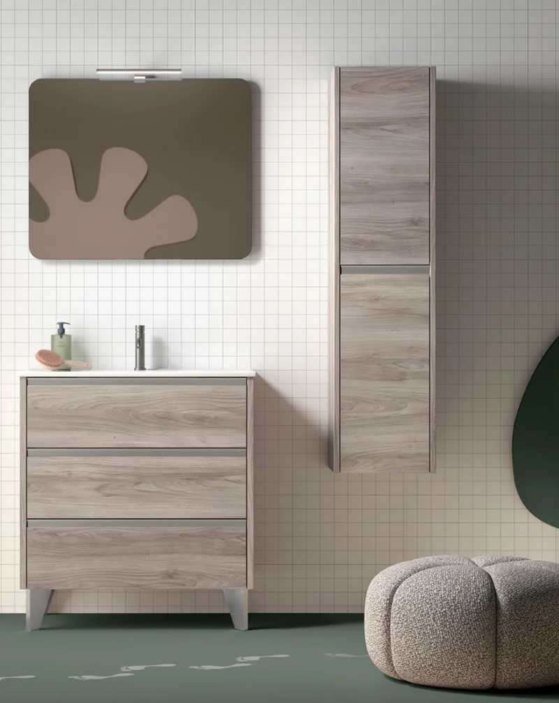 Poker Columna de Baño Suspendida 1 Puerta | Armario Alto Baño Colgante COLOR 140cm de Alto x 34,9cm de Ancho x 32cm de Fondo | Pino gris