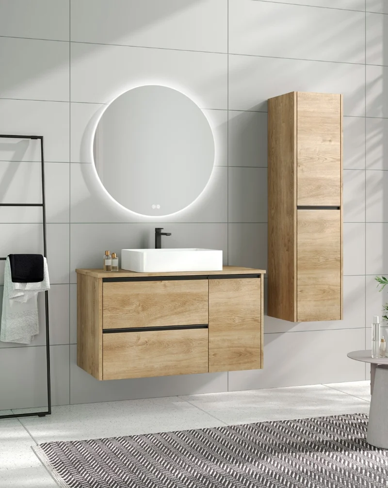 Poker Columna de Baño Suspendida 1 Puerta | Armario Alto Baño Colgante COLOR 140cm de Alto x 34,9cm de Ancho x 32cm de Fondo | Roble natural