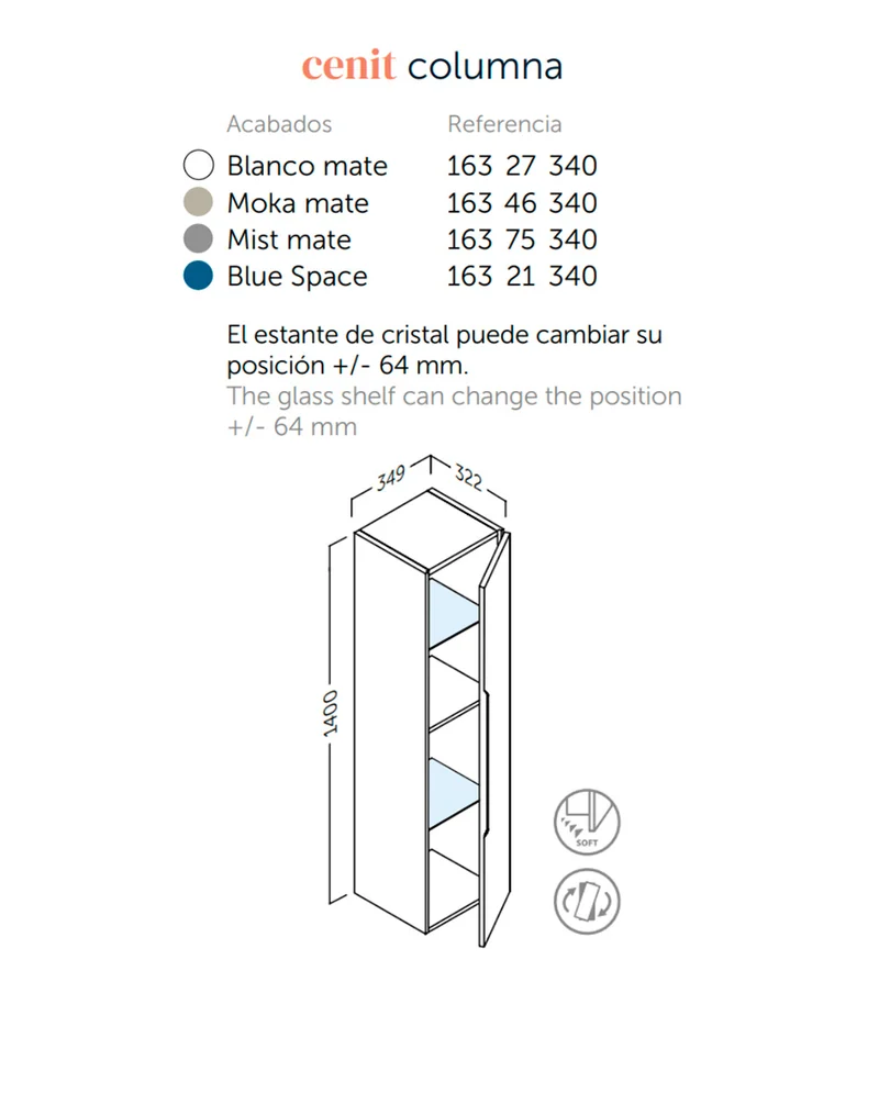 Cenit Columna de Baño Suspendida 1 Puerta| Armario Alto Baño Colgante 140x34,9x32,2cm | Mist