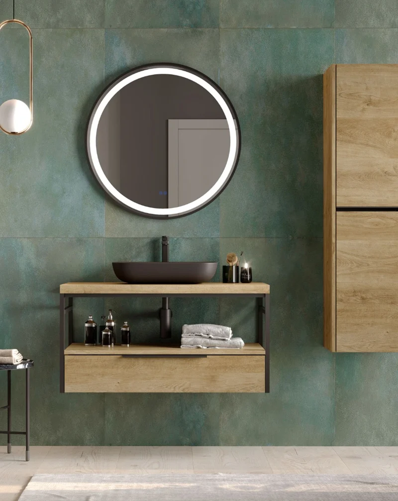 Kirt Mueble de Baño Suspendido Diseño Industrial | Mueble Baño Volado de Encimera | Estructura Negra Cajón Inferior | Roble Natural