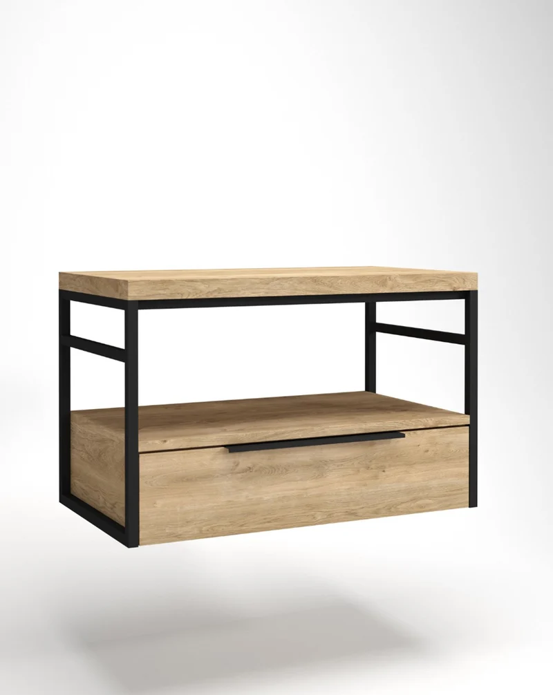 Kirt Mueble de Baño Suspendido Diseño Industrial | Mueble Baño Volado de Encimera | Estructura Negra Cajón Inferior | Roble Natural