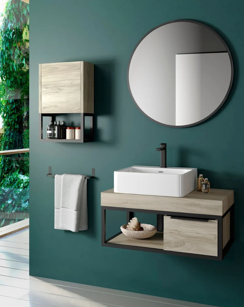 Spok Mueble de Baño Suspendido Diseño Industrial | Mueble Baño Volado de Encimera | Estructura Negra | Pino Gris