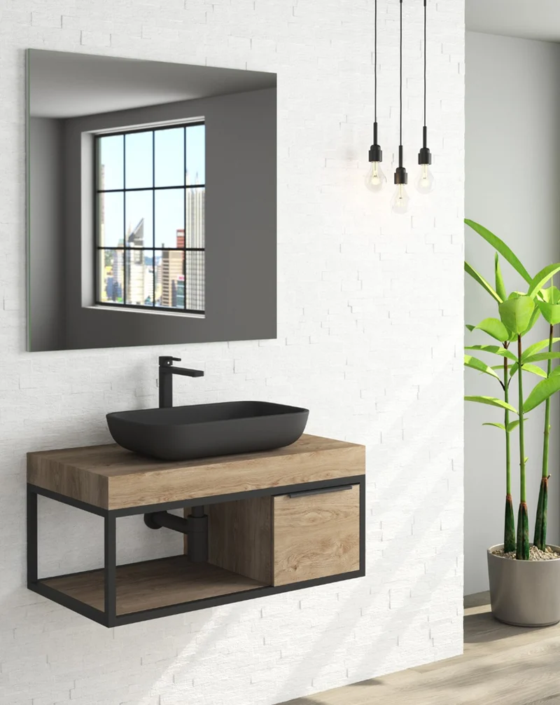 Spok Mueble de Baño Suspendido Diseño Industrial | Mueble Baño Volado de Encimera | Estructura Negra | Roble Natural