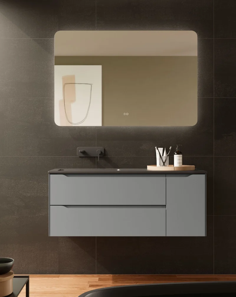 Cenit Mueble de Baño Suspendido con Lavabo Cerámico | 2 cajones y Puerta Lateral | Guías Hettich | Mist Mate