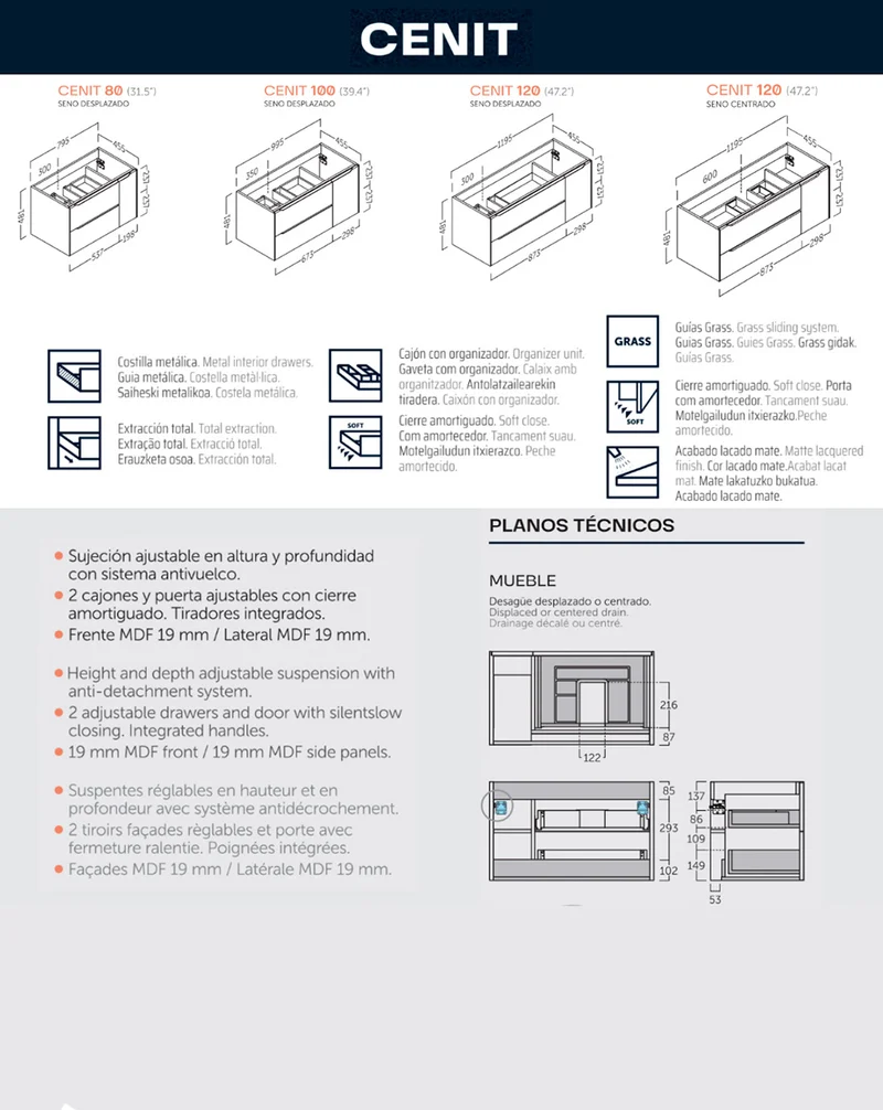 Cenit Mueble de Baño Suspendido con Lavabo Cerámico | 2 cajones y Puerta Lateral | Guías Hettich | Blue Space Mate
