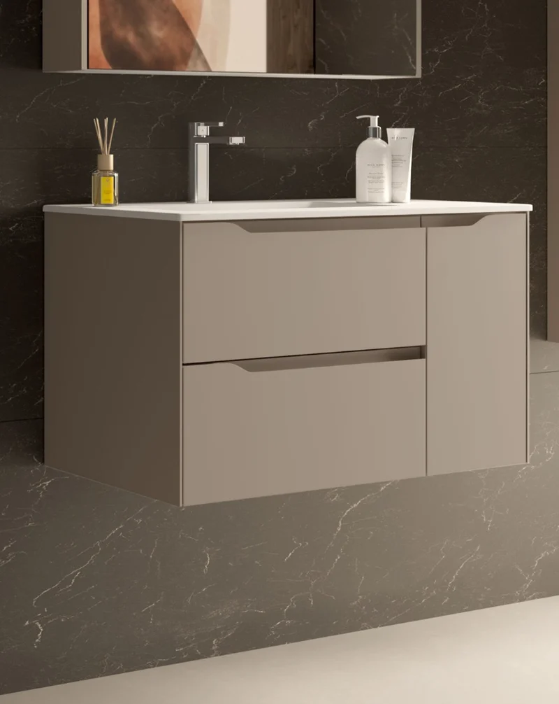 Cenit Mueble de Baño Suspendido con Lavabo Cerámico | 2 cajones y Puerta Lateral | Guías Grass | Moka Mate