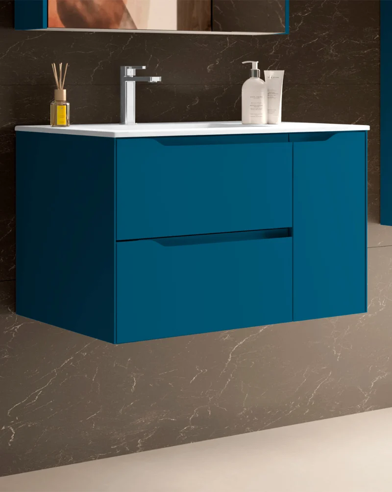 Cenit Mueble de Baño Suspendido con Lavabo Cerámico | 2 cajones y Puerta Lateral | Guías Hettich | Blue Space Mate