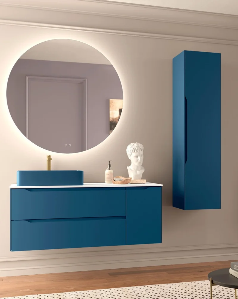 Cenit Mueble de Baño Suspendido con Lavabo Cerámico | 2 cajones y Puerta Lateral | Guías Hettich | Blue Space Mate