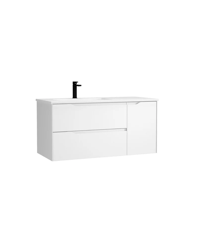 Cenit Mueble de Baño Suspendido con Lavabo Cerámico | 2 cajones y Puerta Lateral | Guías Hettich | Blanco Mate