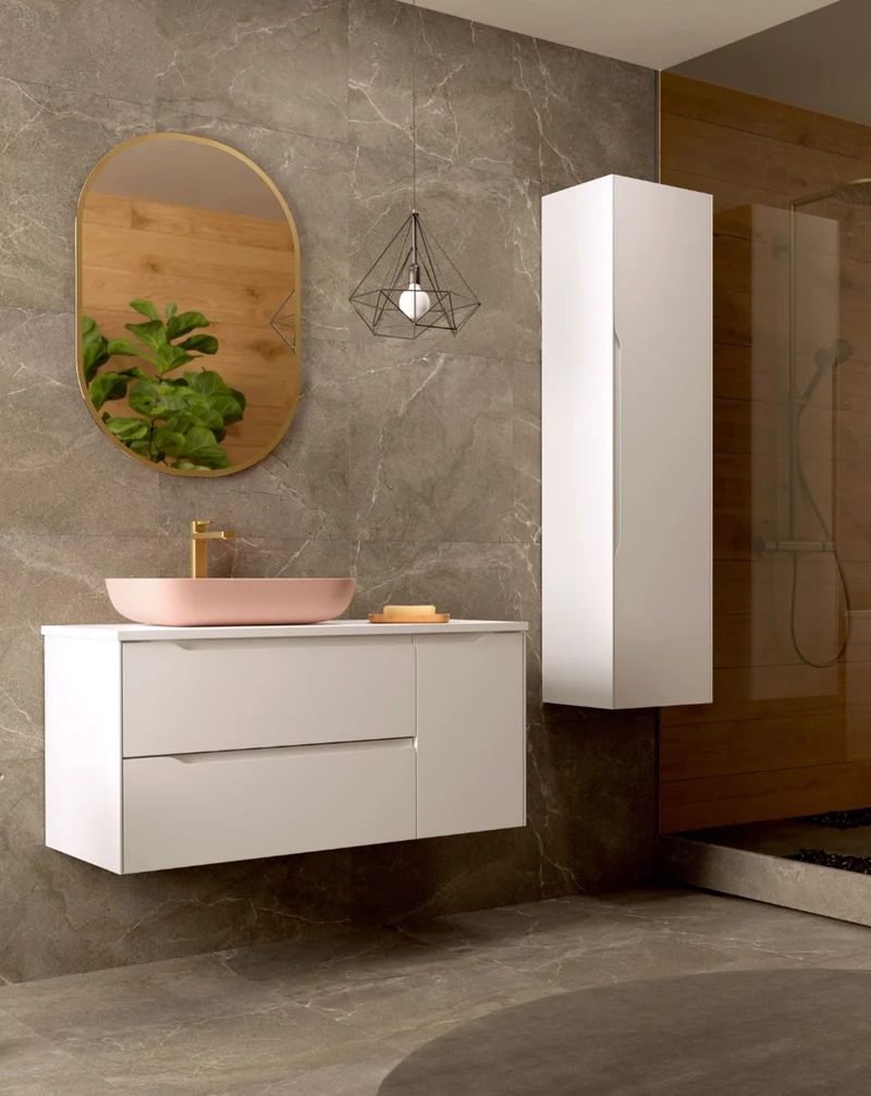 Cenit Mueble de Baño Suspendido con Lavabo Cerámico | 2 cajones y Puerta Lateral | Guías Hettich | Blanco Mate
