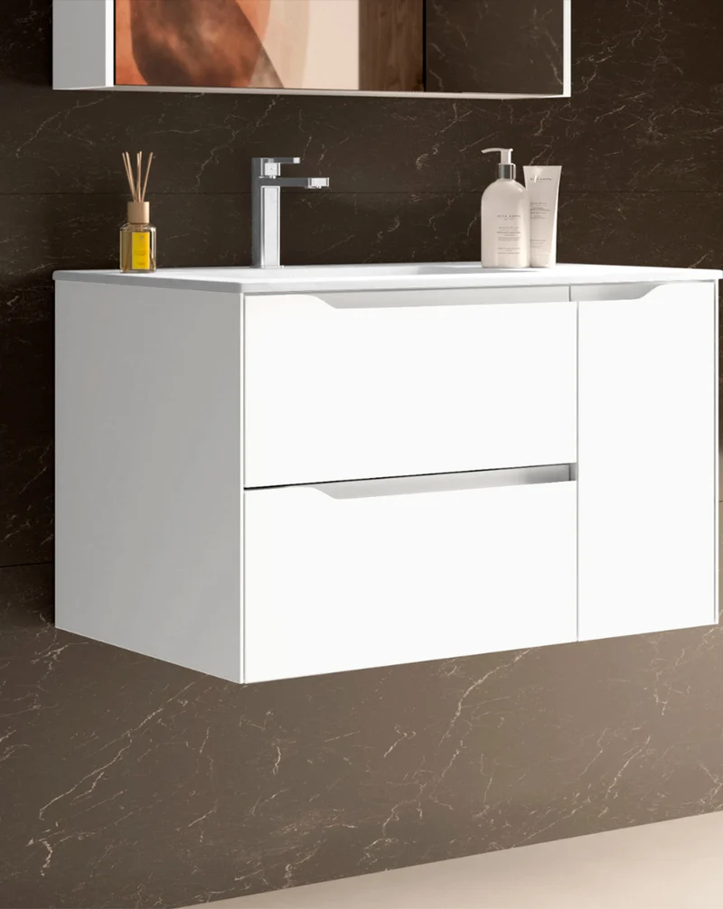 Cenit Mueble de Baño Suspendido con Lavabo Cerámico | 2 cajones y Puerta Lateral | Guías Hettich | Blanco Mate