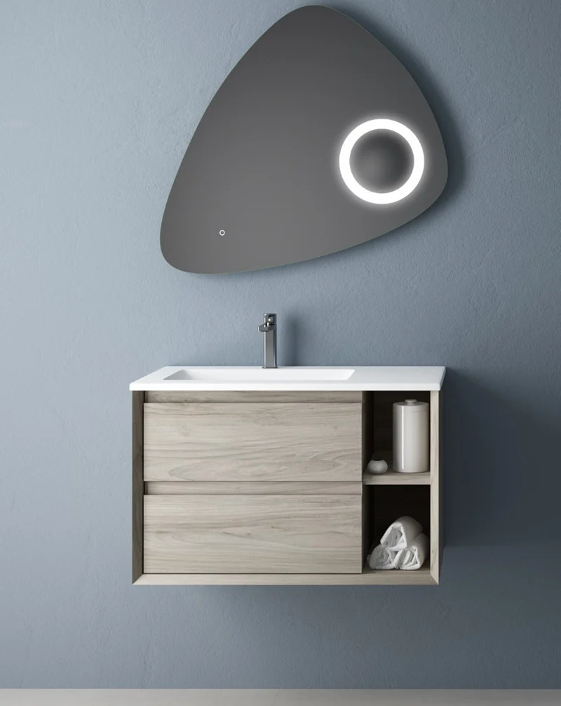 Hole Mueble de Baño Suspendido con Lavabo Cerámico | 2 cajones | 2 Huecos Laterales de Almacenamiento| Guías Hettich | Pino Gris