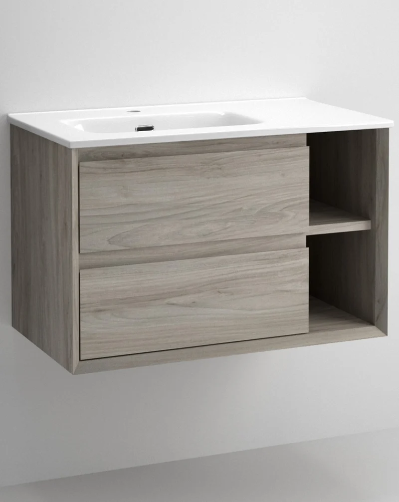 Hole Mueble de Baño Suspendido con Lavabo Cerámico | 2 cajones | 2 Huecos Laterales de Almacenamiento| Guías Hettich | Pino Gris
