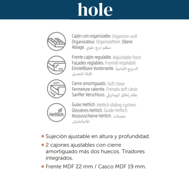 Hole Mueble de Baño Suspendido con Lavabo Cerámico | 2 cajones | 2 Huecos Laterales de Almacenamiento| Guías Hettich | Pino Gris