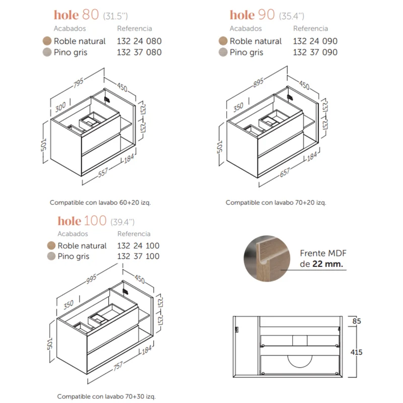 Hole Mueble de Baño Suspendido con Lavabo Cerámico | 2 cajones | 2 Huecos Laterales de Almacenamiento| Guías Hettich | Pino Gris