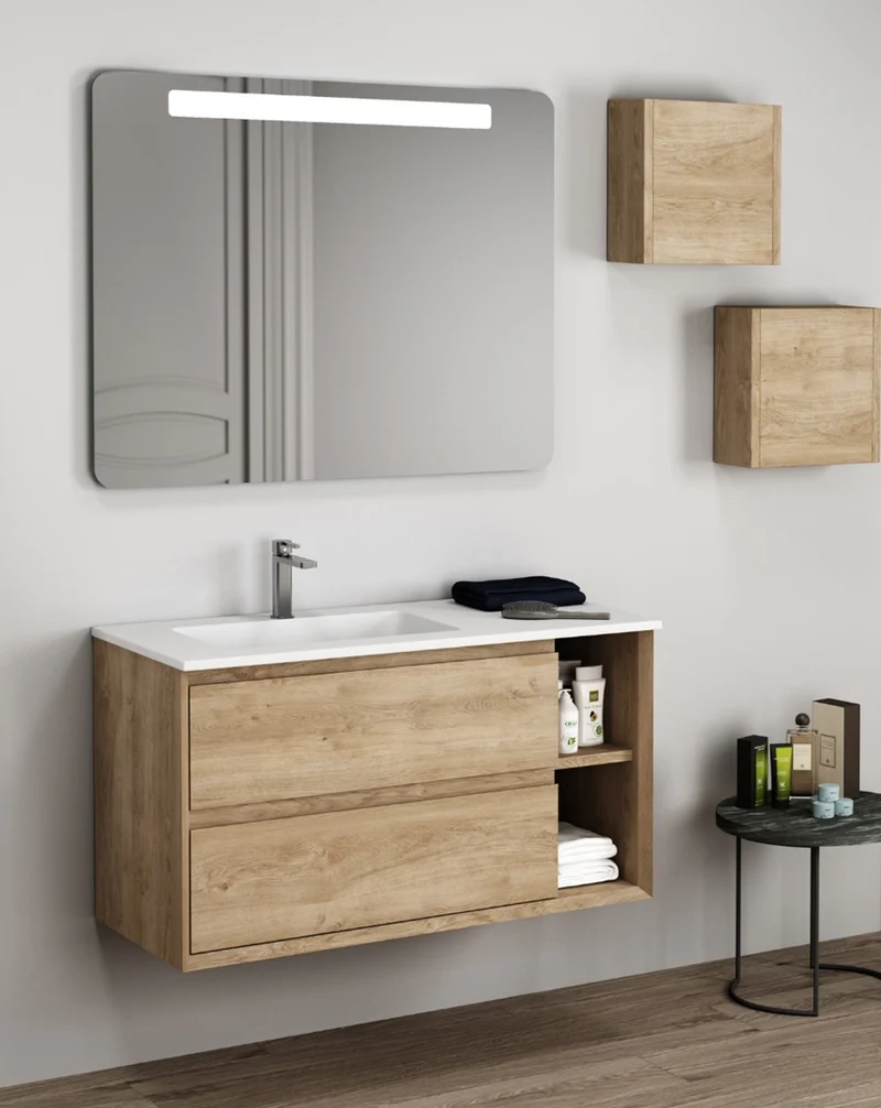 Hole Mueble de Baño Suspendido con Lavabo Cerámico | 2 cajones | 2 Huecos Laterales de Almacenamiento| Guías Hettich | Roble Natural