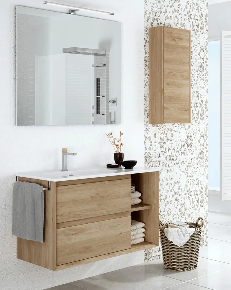 Hole Mueble de Baño Suspendido con Lavabo Cerámico | 2 cajones | 2 Huecos Laterales de Almacenamiento| Guías Hettich | Roble Natural
