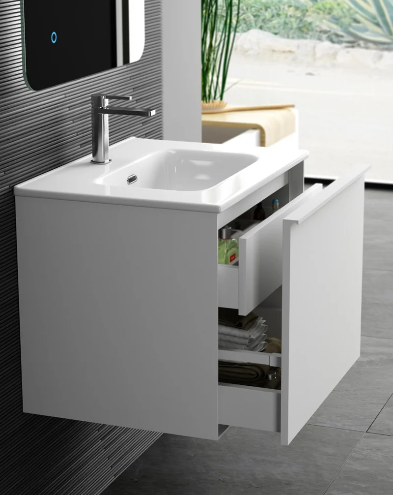 Berlin Mueble de Baño Suspendido con Lavabo Cerámico | 2 cajones con Cierre Amortiguado y Organizador | Blanco Brillo