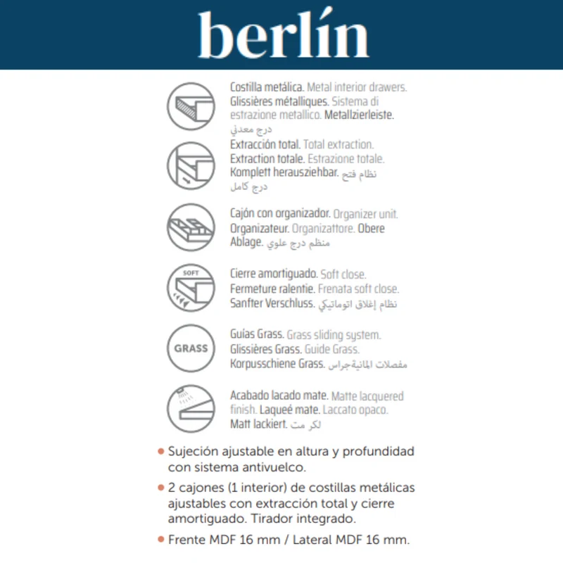 Berlin Mueble de Baño Suspendido con Lavabo Cerámico | 2 cajones con Cierre Amortiguado y Organizador | Blanco Brillo