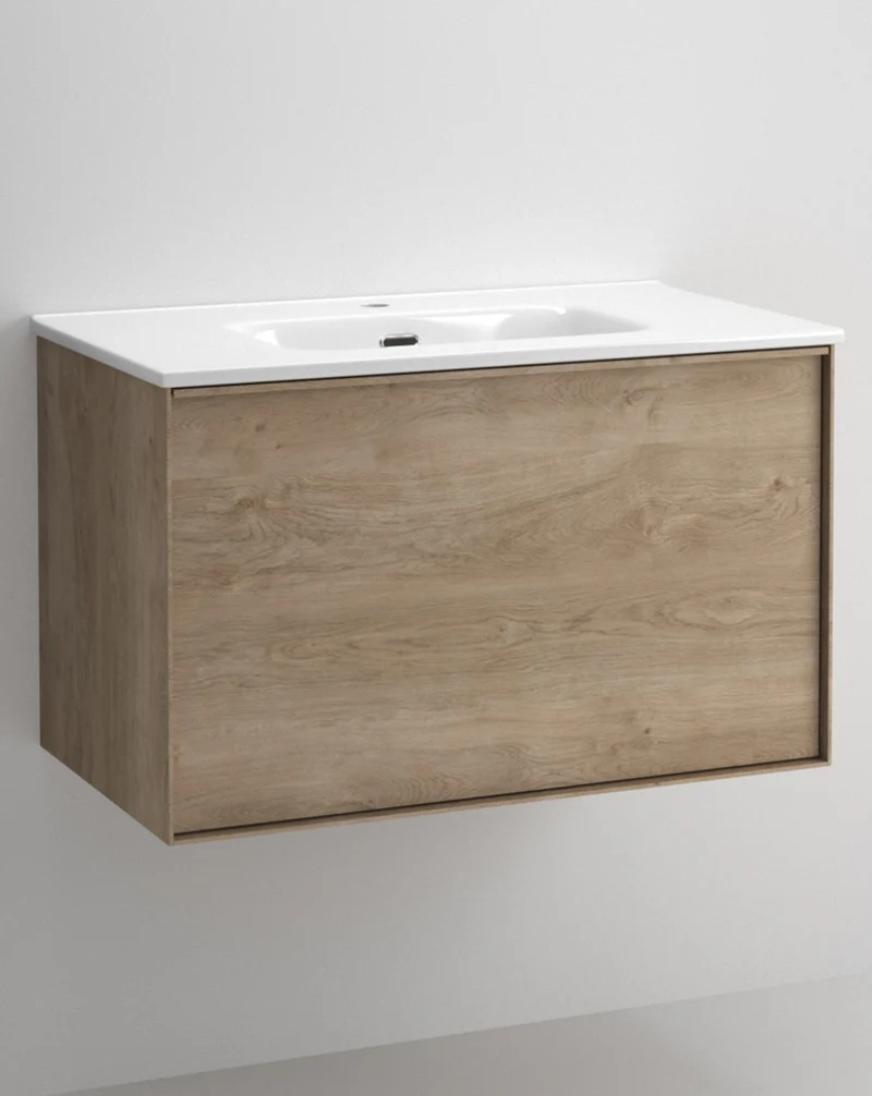 Berlin Mueble de Baño Suspendido con Lavabo Cerámico | 2 cajones con Cierre Amortiguado y Organizador | Roble Natural