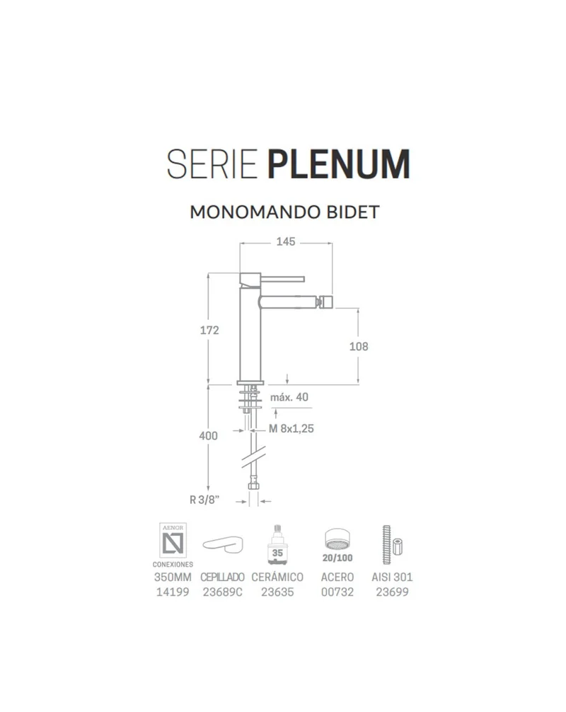 Plenum Grifo de Bidet Monomando de Fácil Instalación | Color Acero-Oro-Negro | Acero