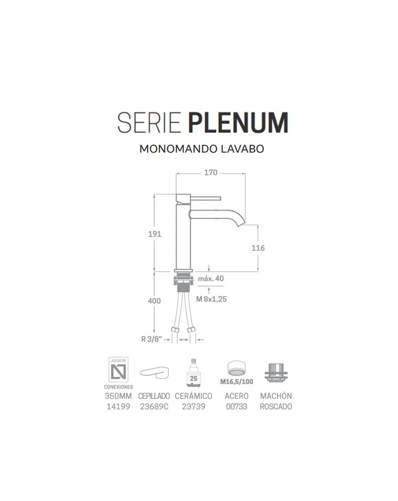 Plenum Grifo de Baño Monomando Color Negro de Fácil Instalación con Mezclador | Color Acero-Oro-Negro Mate | Acero