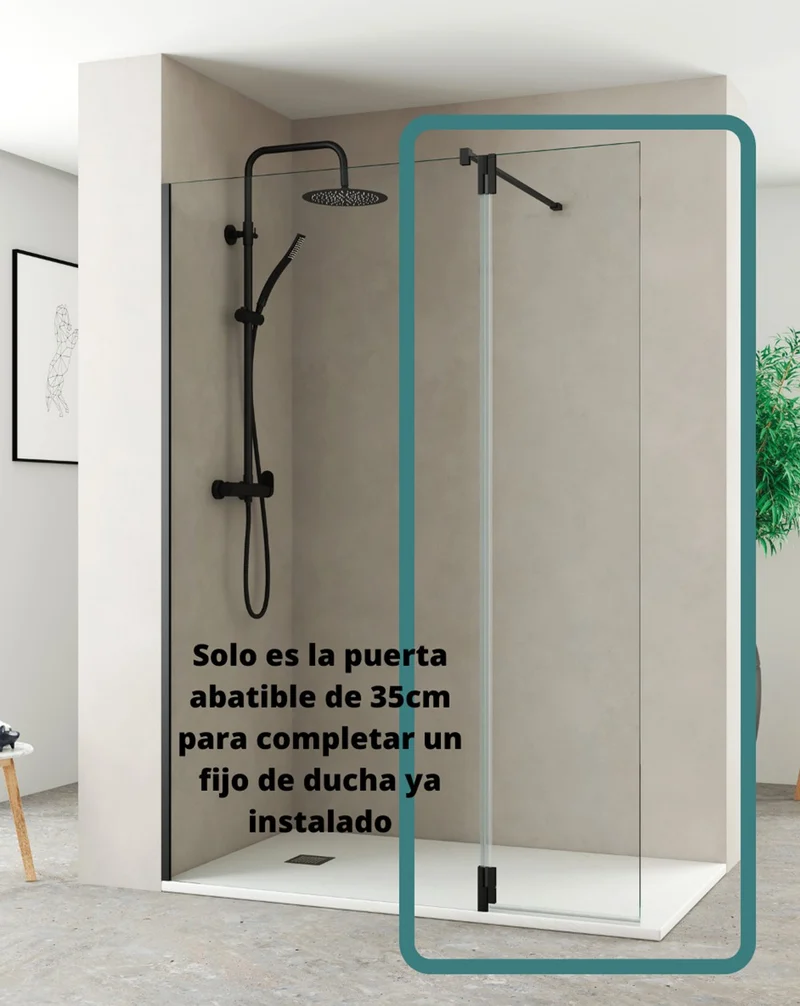 Extended Puerta de Ducha Abatible de 35cm para Completar Fijo de Ducha | 35cm x 195cm | Negro Mate