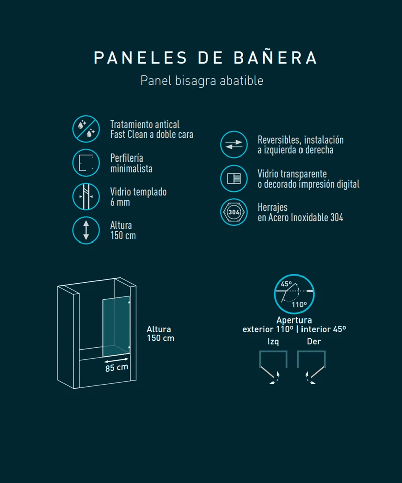 Zahara Mampara de Bañera Frontal Puerta Abatible | Vidrio Templado 6mm Antical | Altura 150cm | 85cm | Cromo Brillo