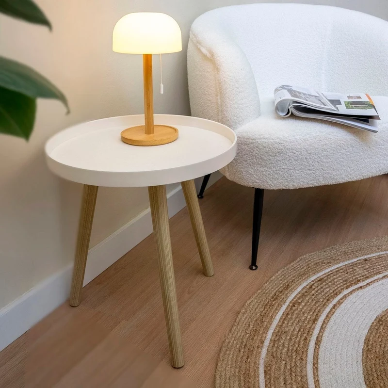 Mesa auxiliar redonda de polipropileno blanco y madera de 40x43 cm