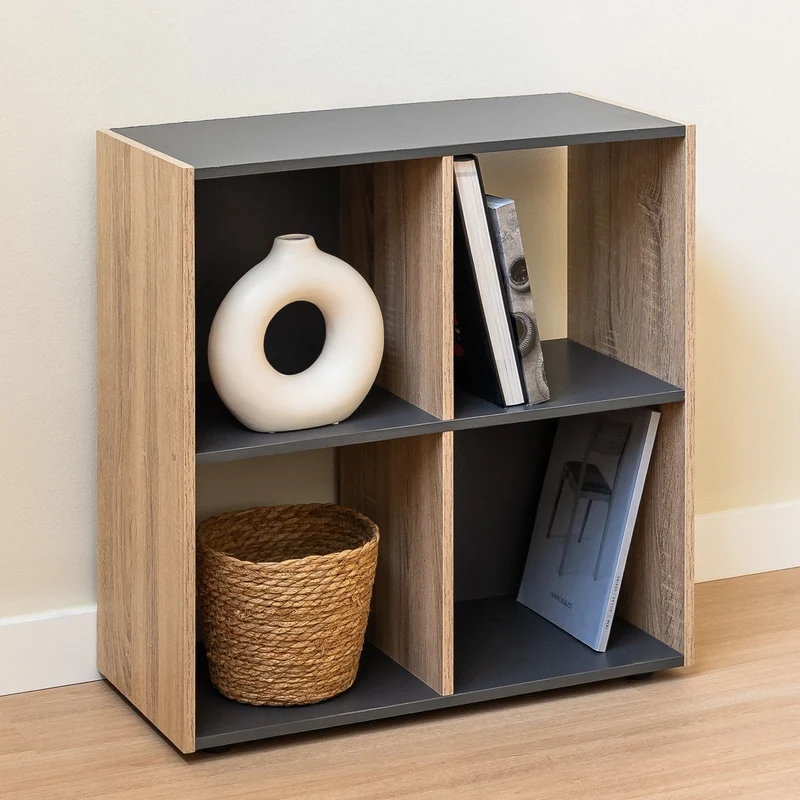 Estantería Cubo con 4 huecos de laminado gris y roble de 62x60x30 cm