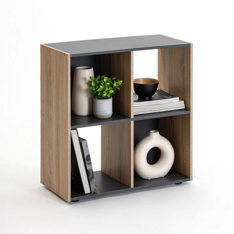 Estantería Cubo con 4 huecos de laminado gris y roble de 62x60x30 cm