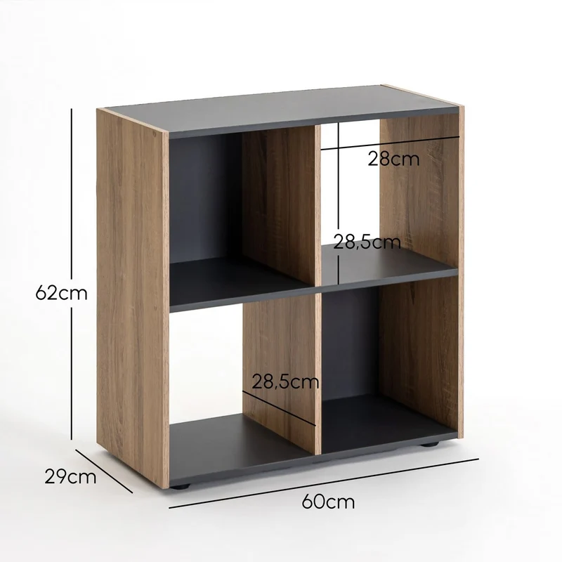 Estantería Cubo con 4 huecos de laminado gris y roble de 62x60x30 cm