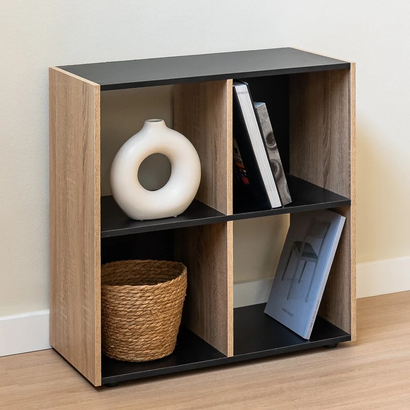 Estantería Cubo con 4 huecos de laminado negro y roble de 62x60x30 cm