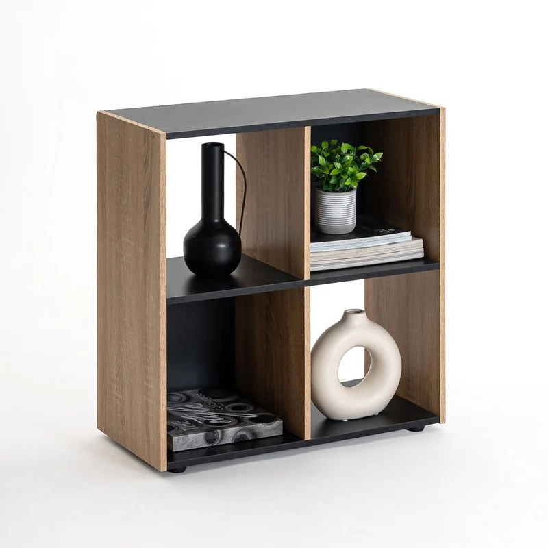 Estantería Cubo con 4 huecos de laminado negro y roble de 62x60x30 cm