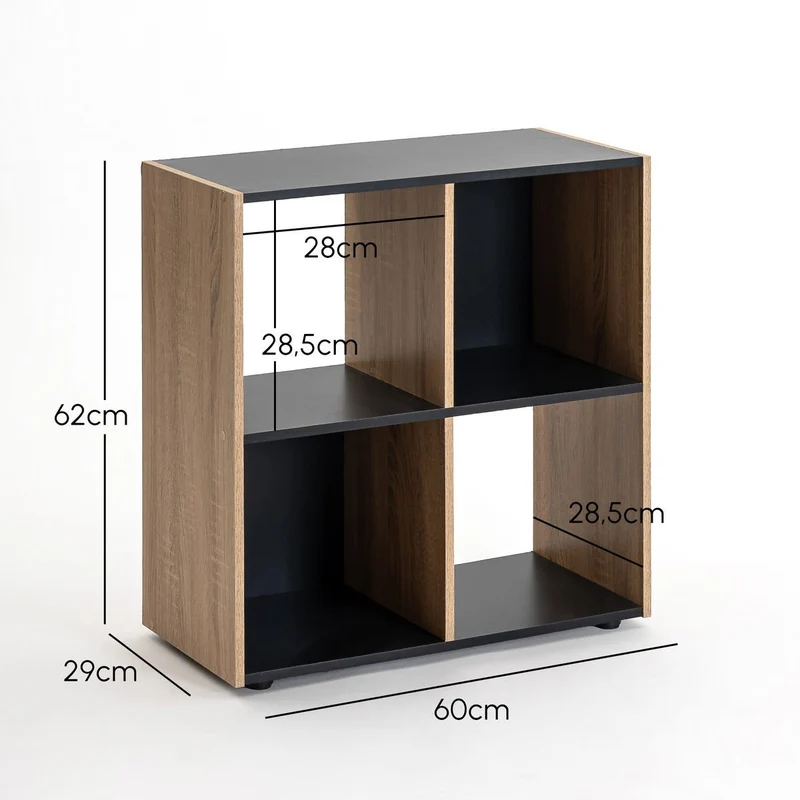 Estantería Cubo con 4 huecos de laminado negro y roble de 62x60x30 cm