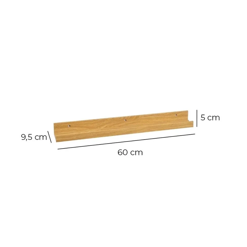 Estante flotante de pared de madera color roble de 60x9,5x5 cm