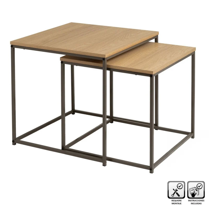 Set de 2 mesitas nido cubo de metal y madera color moka natural