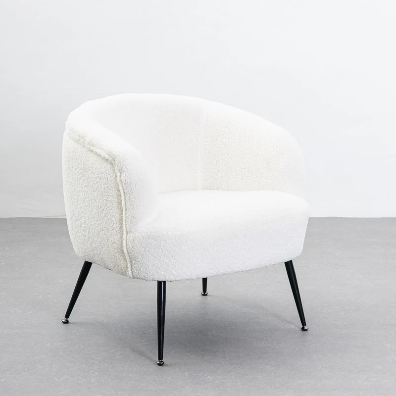 Sillón butaca redondo con brazos blanco de tela de borreguito para salón