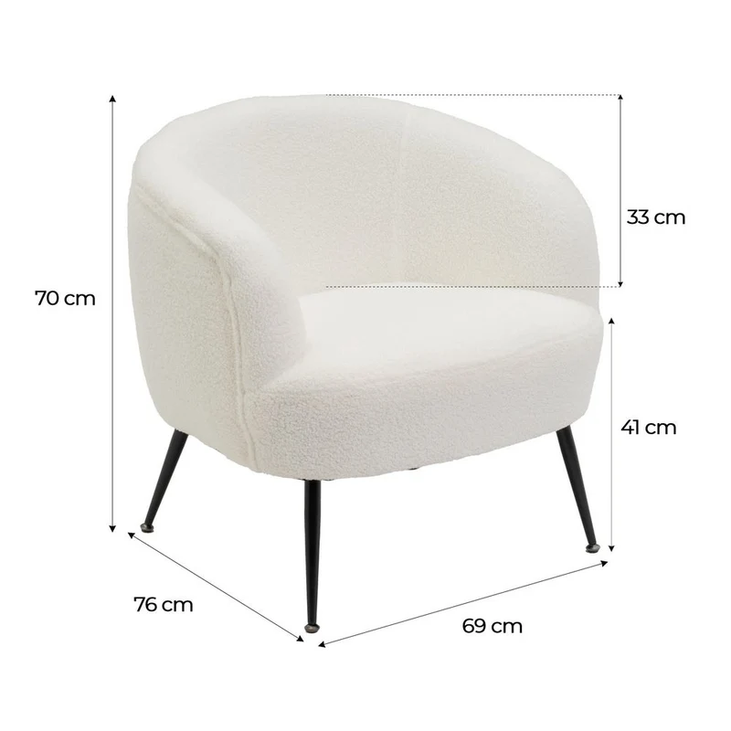 Sillón butaca redondo con brazos blanco de tela de borreguito para salón