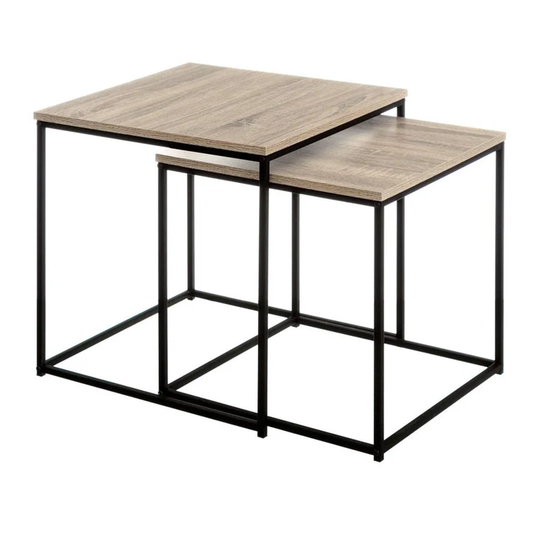 Set de 2 mesas de centro nido de madera natural y metal negro de 50x50cm