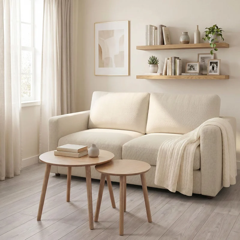 Set de 2 mesitas nido redondas fabricadas en madera natural y MDF, salón