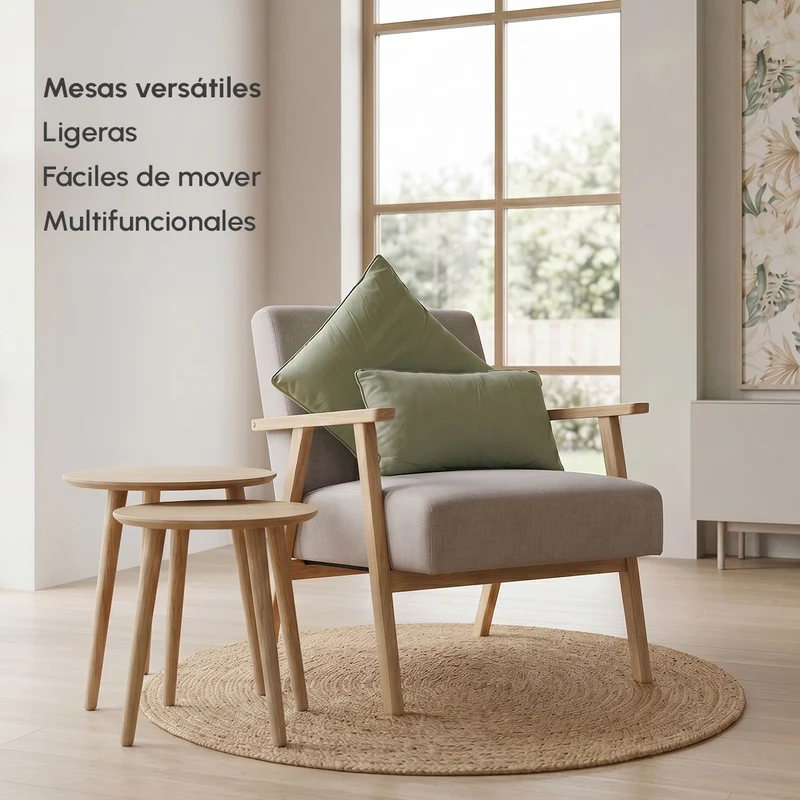 Set de 2 mesitas nido redondas fabricadas en madera natural y MDF, salón